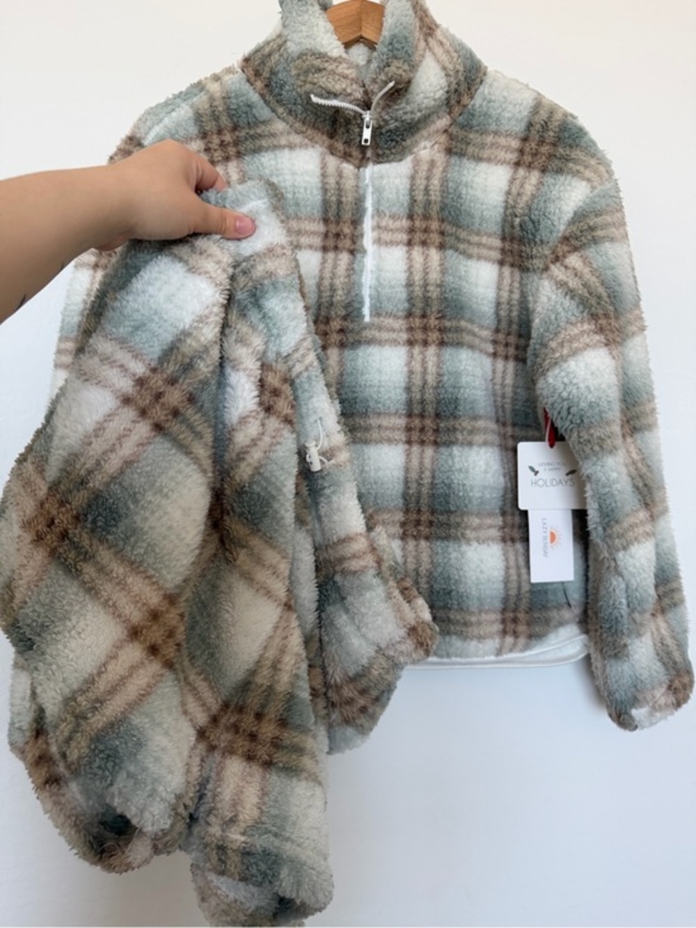 Lazy Sunday Plush Plaid Half-Zip Puffer Jacket - Cream, Brown & Sage
